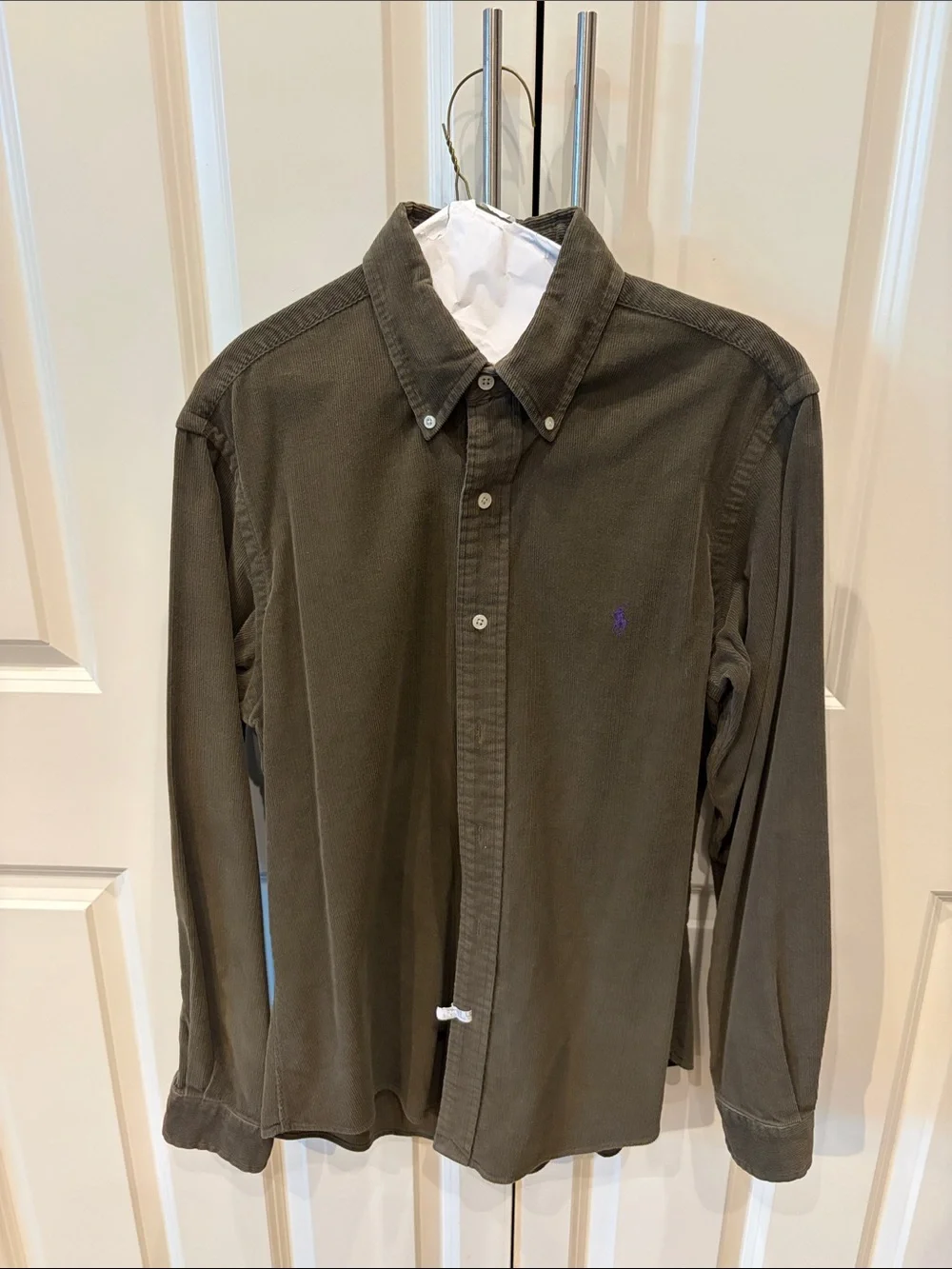 Polo by Ralph Lauren Olive/Brown Corduroy Button-Down Shirt with Purple Logo M